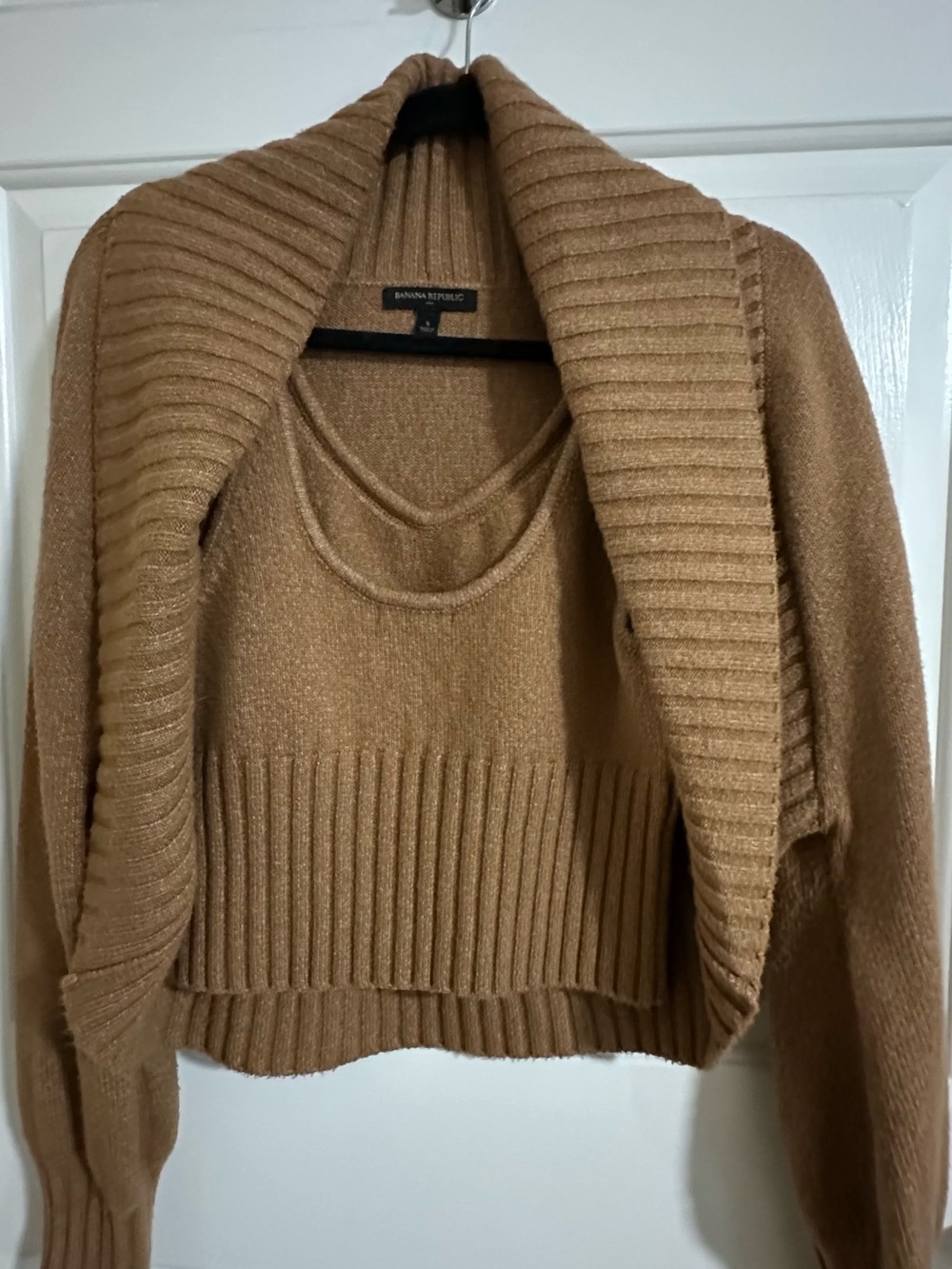 Banana Republic Camel Ribbed Shawl-Collar Cropped Sweater